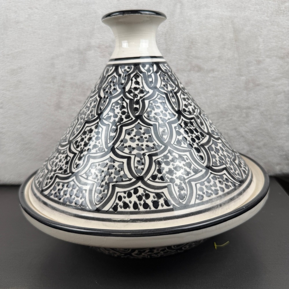 Le Souk Ceramique Tunisia Hand Painted Black White Geometric Ceramic Tagine 10in
